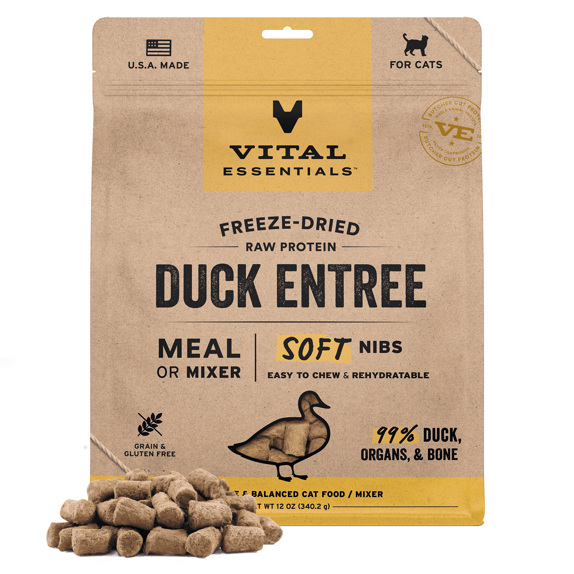 Vital Essentials Freeze Dried Cat Food, Raw Duck Soft Nibs | Complete Meal or Topper | 99% Duck, Organs & Bone | Limited Ingredient, High Protein, Grain Free Dry Cat Food | 12 oz bag