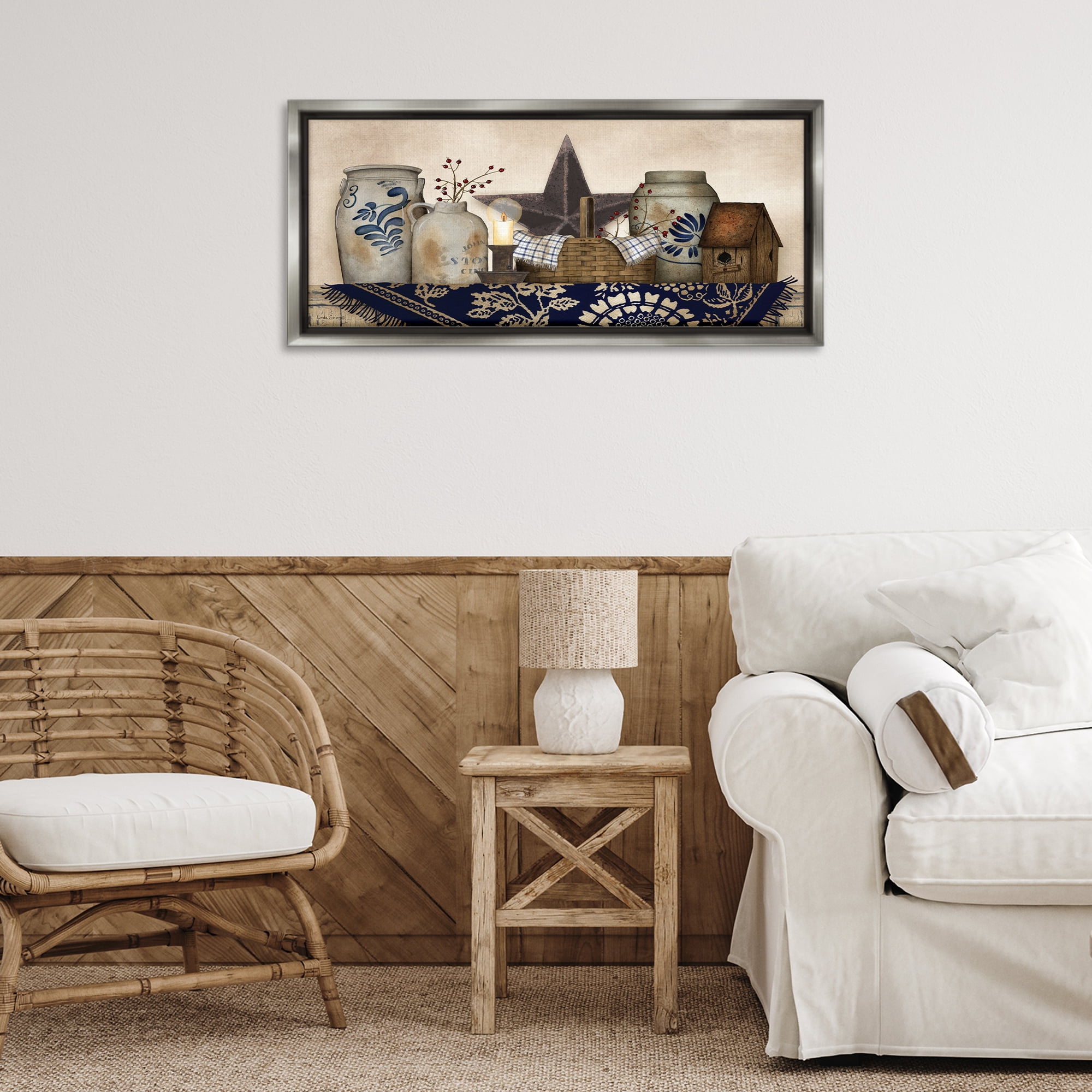 Stupell Industries Rustic Pottery Jars Botanical & Floral Painting Gray Floater Framed Canvas Art Print Wall Art, 31 x 14