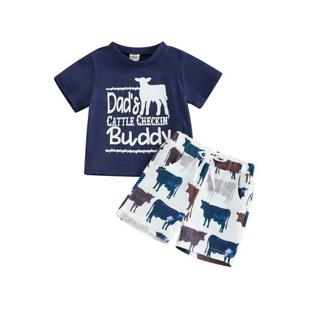 

Qtinghua Western Baby Boy Summer Clothes Letter Print T-Shirt Tops Cow Print Jogger Shorts Outfits Navy Blue 2-3 Years