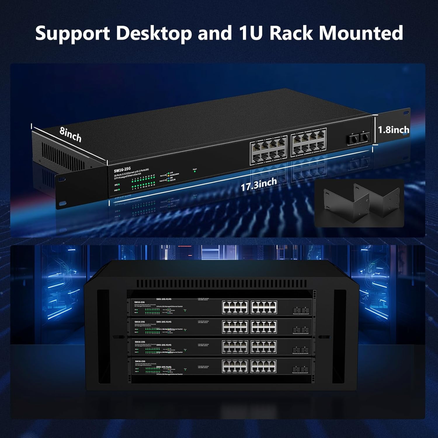 16 Port 2.5Gb Web Unmanaged Ethernet Network Switch with 16 x 2.5G Base-T Port | 2 x 10G SFP+ | Work with 10-100-1000Mbps | 120G Bandwidth | Fanless Quiet | Rack Mount | Sturdy Metal Casing