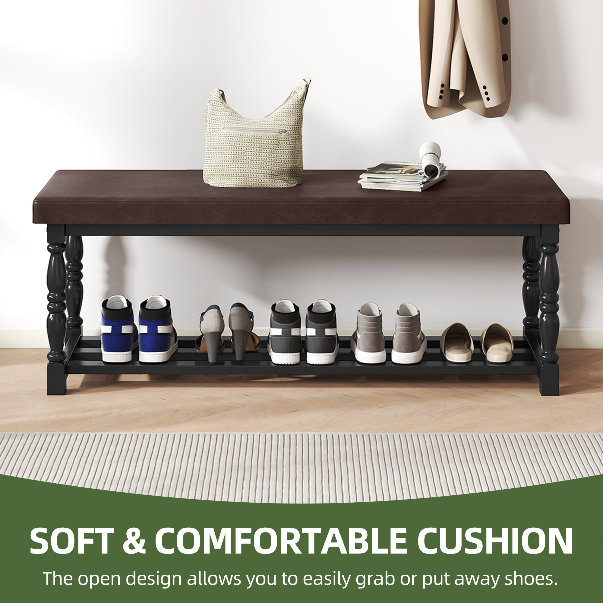 Uforic 48" Rectangular Shoe Bench with Shelves, Storage & Cushioned  Seat,Shoe Rack with Roman Style Legs - Black & Brown