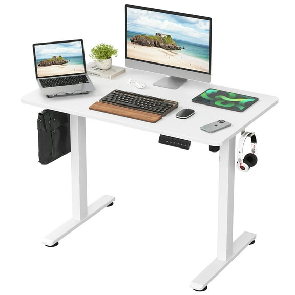 HiiKaa Electric Standing Desk,Adjustable Height Stand up Desk,40x24in Sit Stand Home Office Desk with Splice Board,White Frame White Top