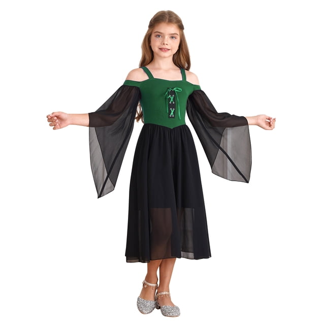 Hansber Robe de Sorcière Vampire pour Filles Halloween Enfants Médiévale Renaissance Vintage à Lacets Gothique Verte 6