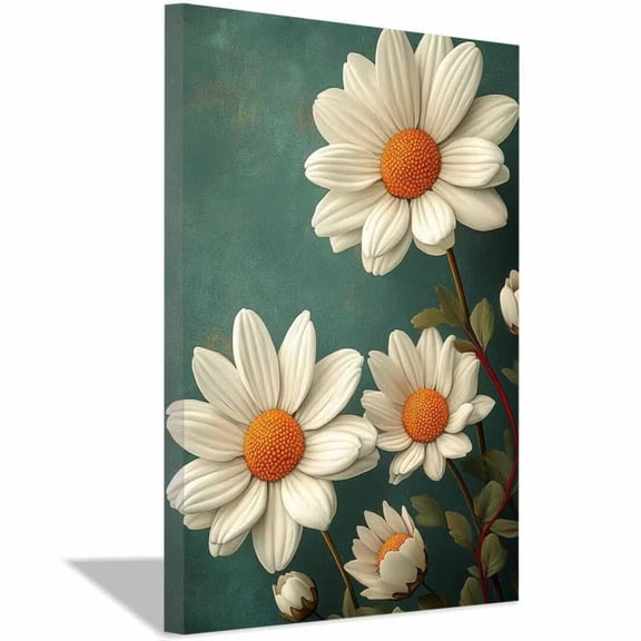 Mudket Framed,Canvas Wall Art,Ready to Hang,White Daisy Floral Canvas Print,Botanical Wall Decor,Rustic Flower Wall Pictures,for Bedroom Living Room Kitchen Office Decor - 12"L x 8"W