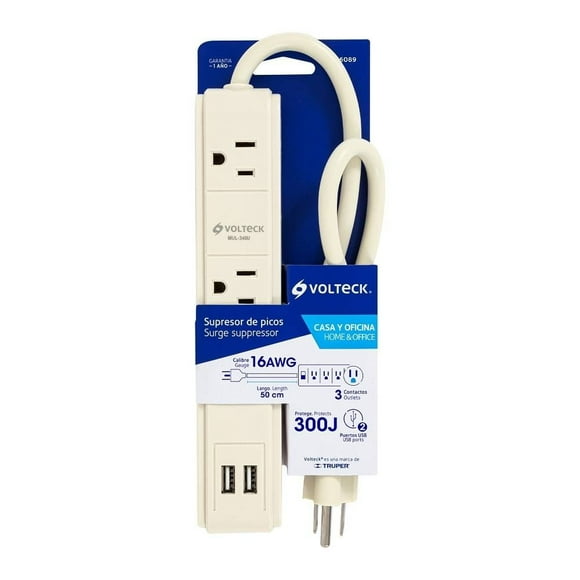 Multicontacto Volteck para 3 Contactos y 2 Puertos USB