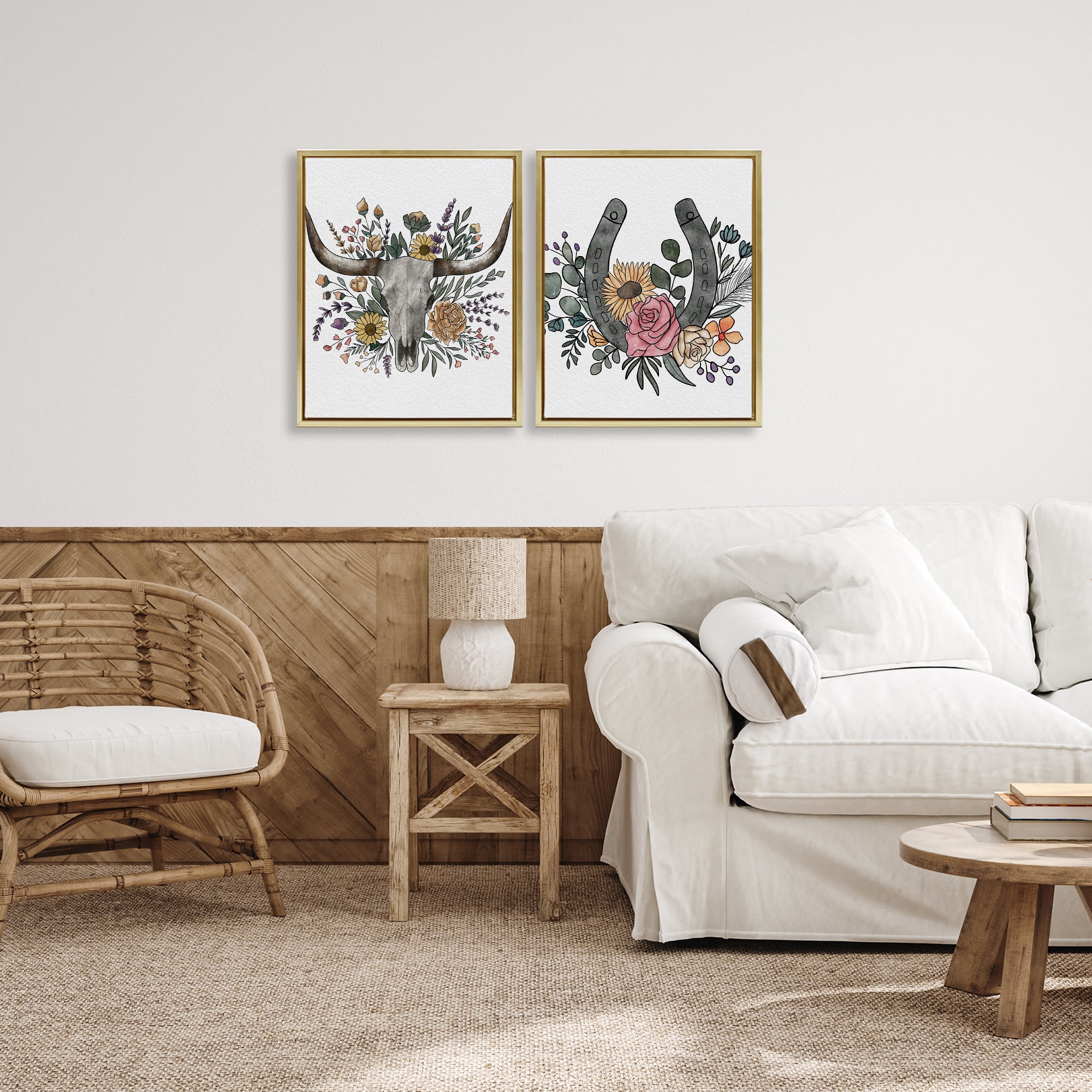 Stupell Industries Boho Longhorn & Horseshoe 2 Piece Gold Framed Floater Canvas Set, design by Alisha Kiara Design