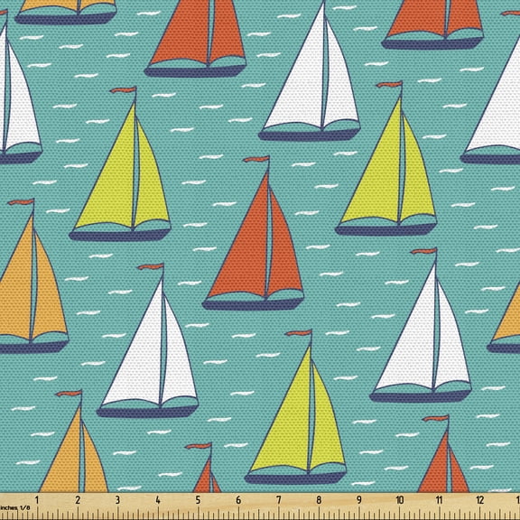 Nautical Sofa Upholstery Fabric by the Yard, Colorful Yachts Sailing on the Ocean Hand Drawn Repeating Simple Pattern Cartoon, Decorative Fabric for DIY Home Accents, 3 Yards, Multicolor by Ambesonne