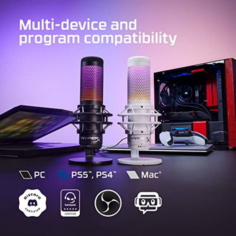 HyperX QuadCast S – RGB USB Condenser Microphone for PC, PS5, Mac,  Anti-Vibration Shock Mount, 4 Polar Patterns, Pop Filter, Gain Control,  Gaming, Streaming, Podcasts, Twitch, , Discord White 