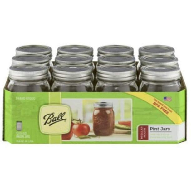 Mason Jar Ball, 16 onzas, paquete de 12 unidades con tapa y boca normal