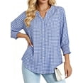 thumbnail image 2 of Fantaslook Plaid Womens Button Down Shirts 3/4 Sleeve V neck Tops with Smocked Cuffs Dressy Cotton Blouses, 2 of 10
