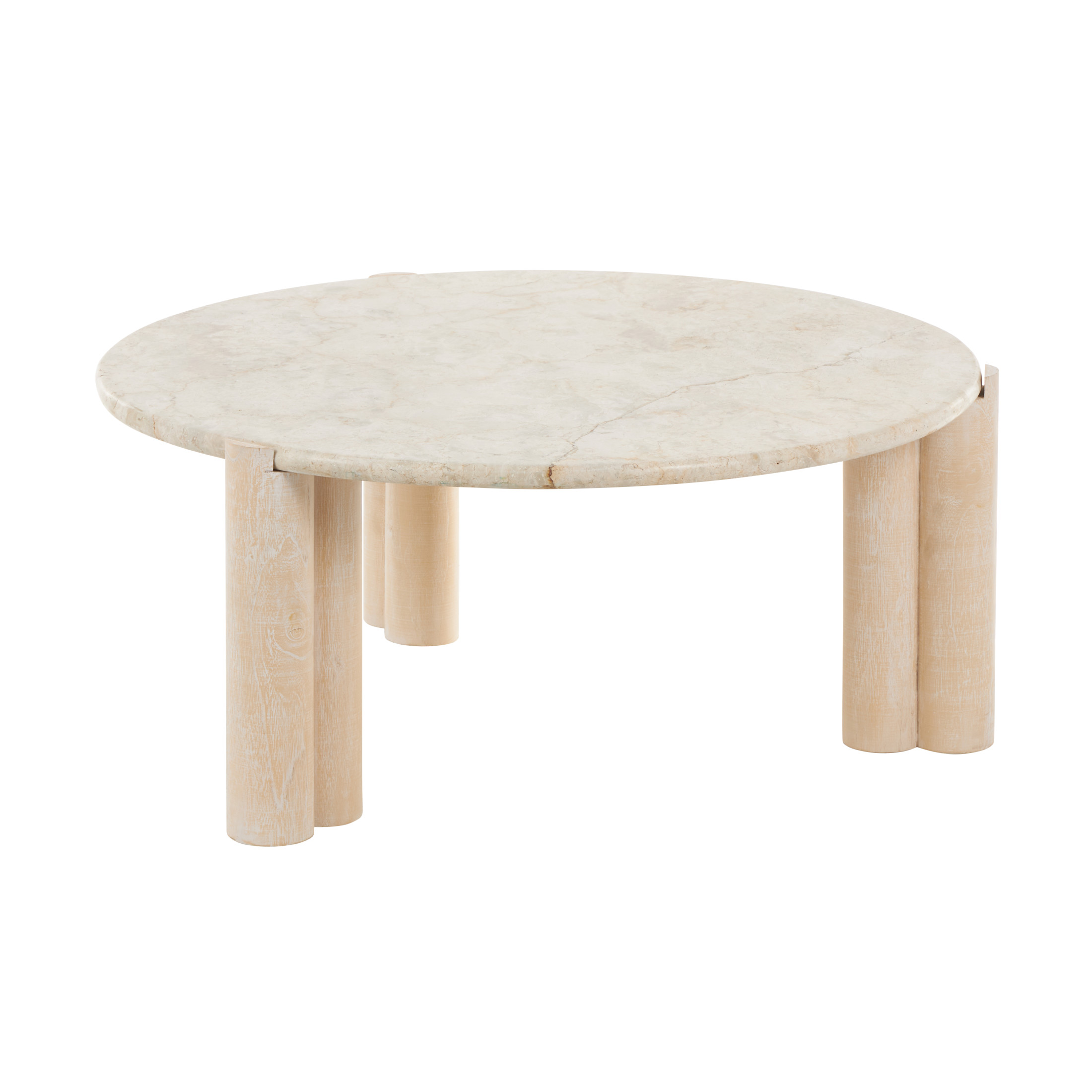 DecMode 35" x 15" Cream Teak Wood Handmade Coffee Table with Beige Marble Tabletop, 1-Piece