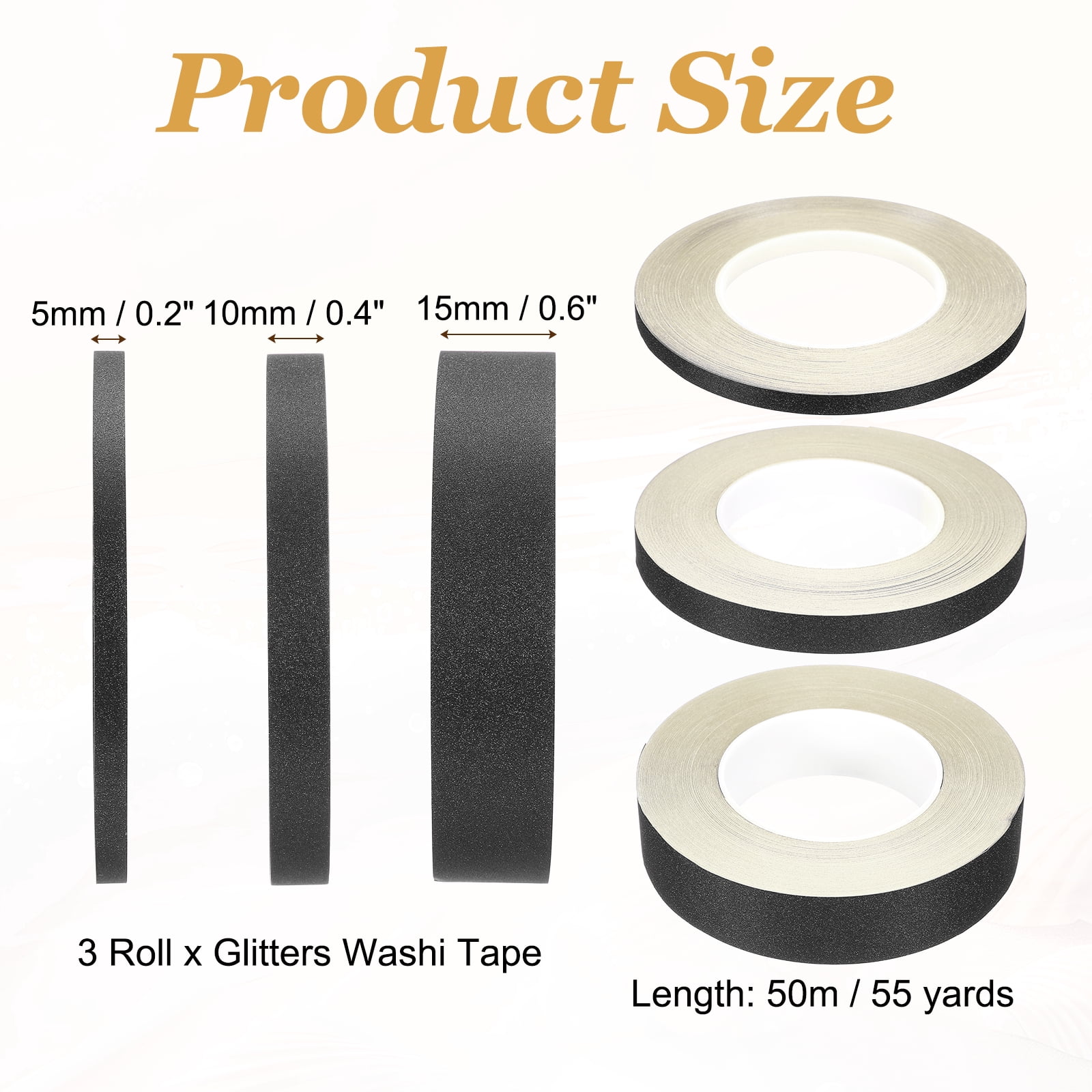 Uxcell 3 Roll Glitters Washi Tape, 0.2/0.4/0.6 Inch (W) x 55 Yards (L) Sparkling Decorative Washi Tape Self Adhesive for DIY Crafts, Gift Wrapping, Scrapbook, Party Decorations, Black