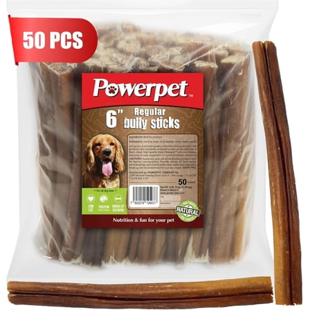 Powerpet 100% Natural Bully Stick - High Protein, Low Fat, Healthy Dog Treats, Long-Lasting Dog Chews, Easily Digestible, Cleans Teeth, Low Odor, for All Breeds & Sizes, 6" - 50 Count