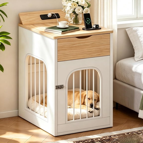 Laisnet Wooden Dog Crate Furniture, Indoor Dog Kennel for Small Dogs, Dog Cage End Table with Charging Station, White