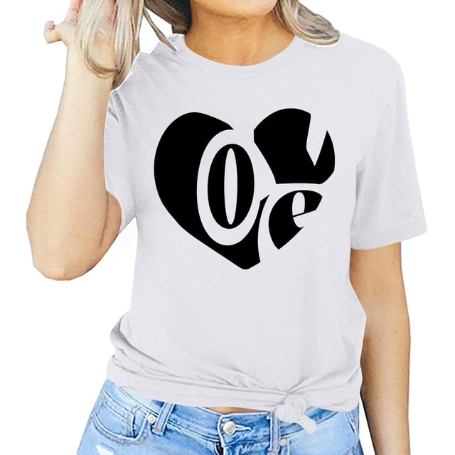 Meichang T-Shirt de la Saint-Valentin pour Femmes Imprimé Cœur T-Shirts Mignons Col Rond Manches Courtes T-Shirts de Vacances Saint-Valentin