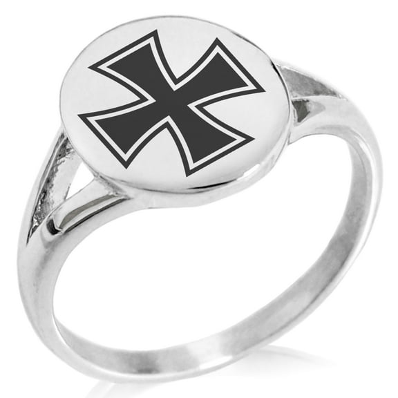 Stainless Steel Pattee Iron Cross Minimalist Oval Top Polished Statement Signet Ring