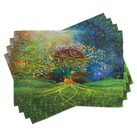 

Ethnic Placemats Set of 4 Tree in the Valley with Spiral Branch Balance in Mother Earth Zen Art Illustration Washable Fabric Place Mats for Dining Room Kitchen Table Decor Green Blue by Ambesonne