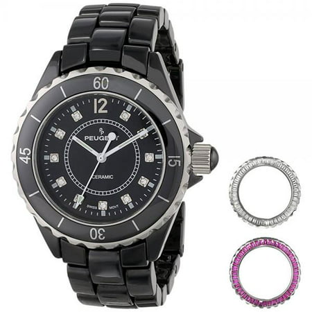 Peugeot Women's PS4900BK Ceramic Watch with Two Interchangeable Swarovski Crystal Bezel Covers