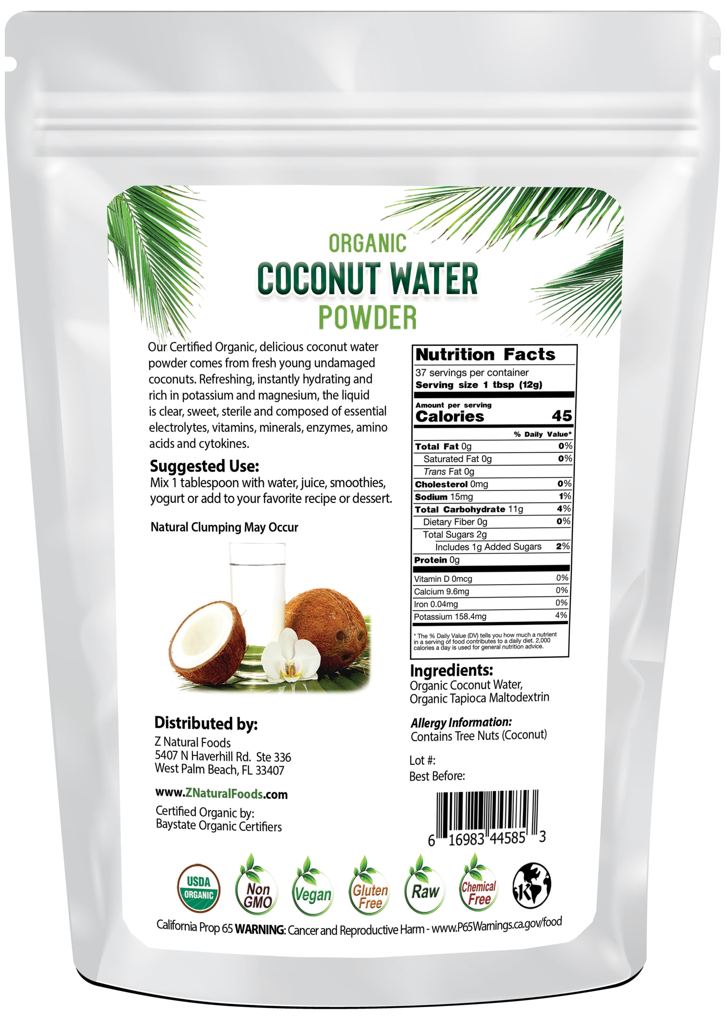 Z Natural Foods Organic Coconut Water Powder, Energy and Electrolyte, Sweet and Delicious, Perfect Pre or Post Workout Drink Mix, Vegan, Gluten-Free, Non-GMO, Kosher, 1 lb