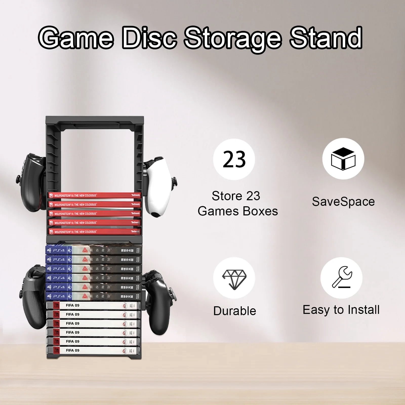 LASIEYO Game Storage Tower for PS5/ PS4/ xBox Series X/S, Universal Video Game DVD Holder Shelf Rack, Holds 24 Disks and 4 Controllers Holders for Nintendo Switch PS5 Playstation 4 Xbox Movies