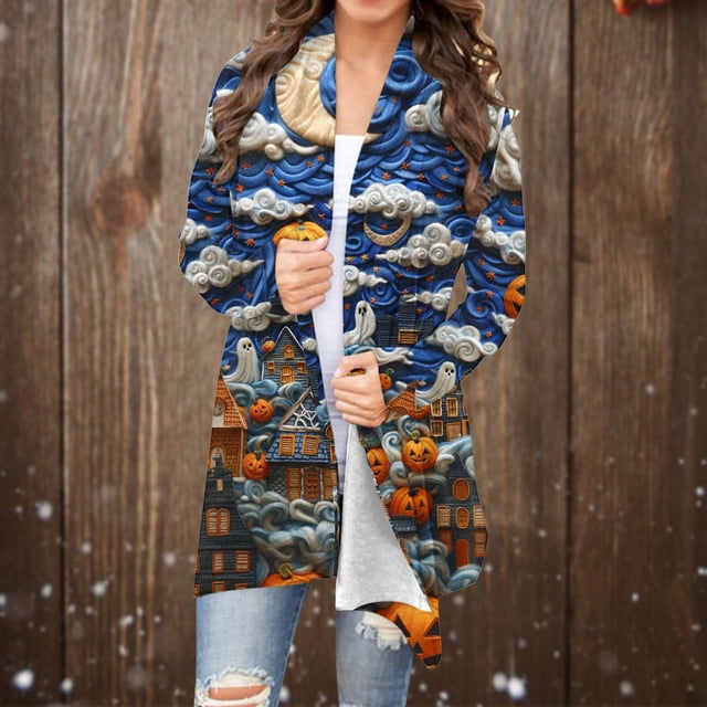 LOVZFMLL Cardigan pour Femmes Mode Halloween Imprimé Cardigan à Manches Longues Veste