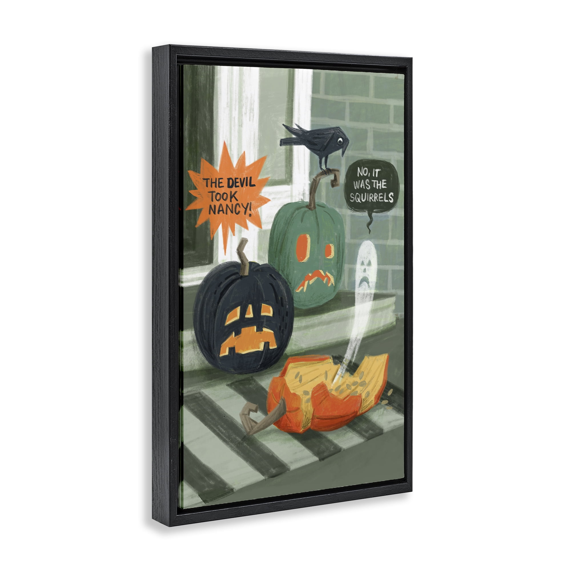 Stupell Industries Porch Pumpkins Mystery Holiday Painting Black Floater Framed Canvas Art Print Wall Art, 21 x 31