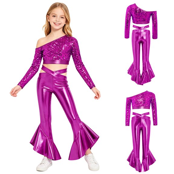 Aislor Girls Jazz Dance One Shoulder Long Sleeve Sequins Crop Top with Flared Pants for Performance Competition Hot Pink 14