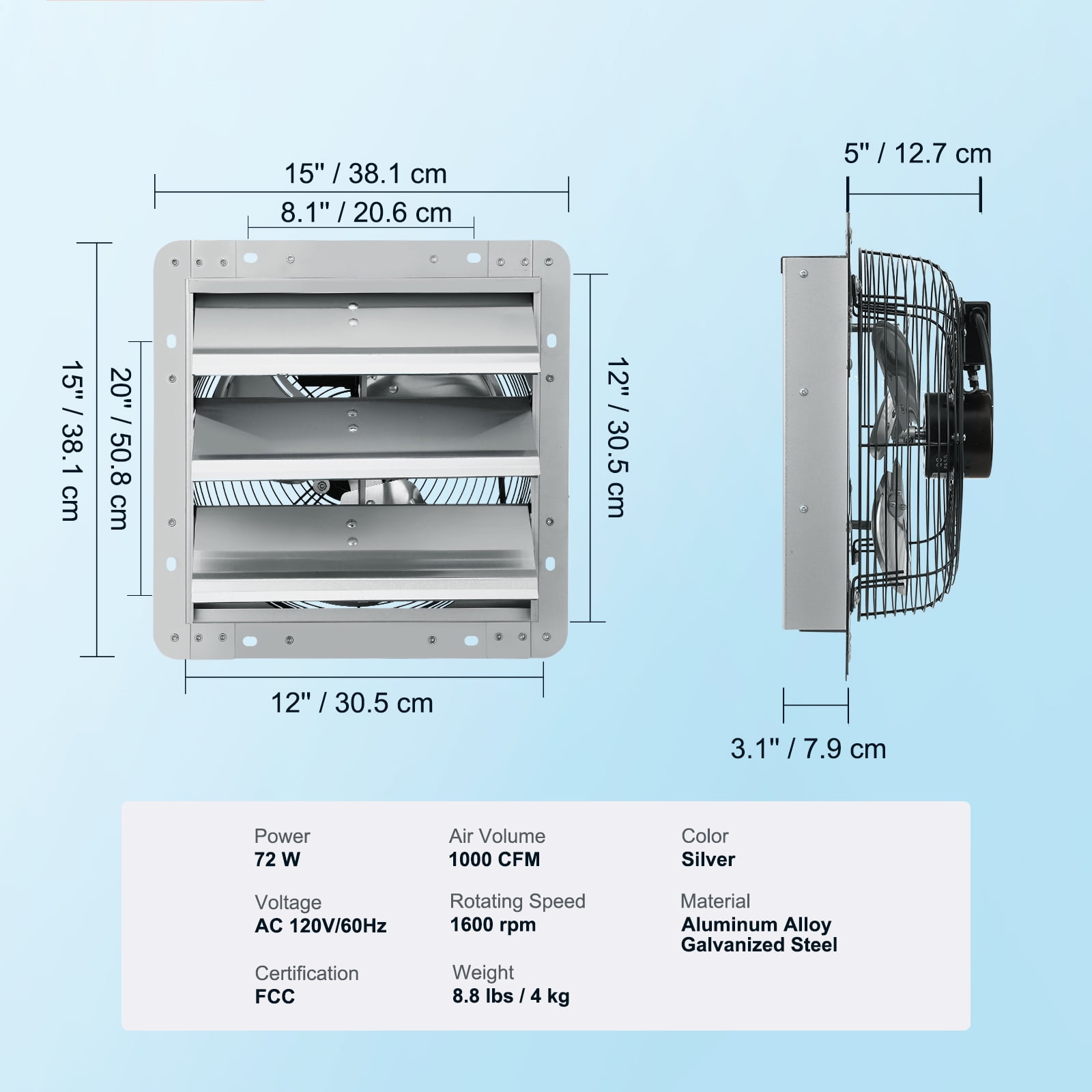 SKYSHALO 12" Duct 1000 CFM Aluminum Alloy, Galvanized Steel Shutter Exhaust Fan, Silver