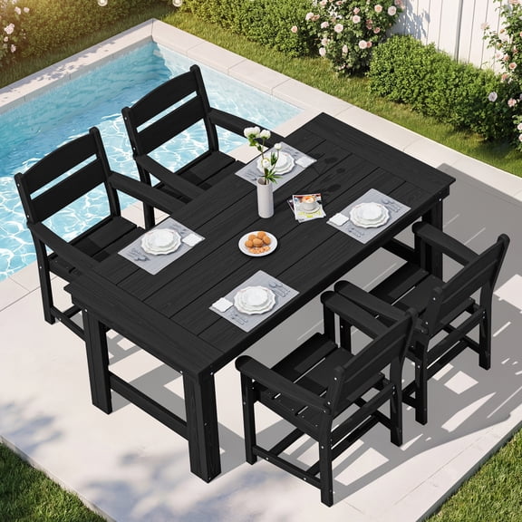SERWALL 5 Piece HDPE Outdoor Patio Dining Set, All-Weather 67-Inch Table and 4 Chairs for Deck, Lawn or Garden, Black