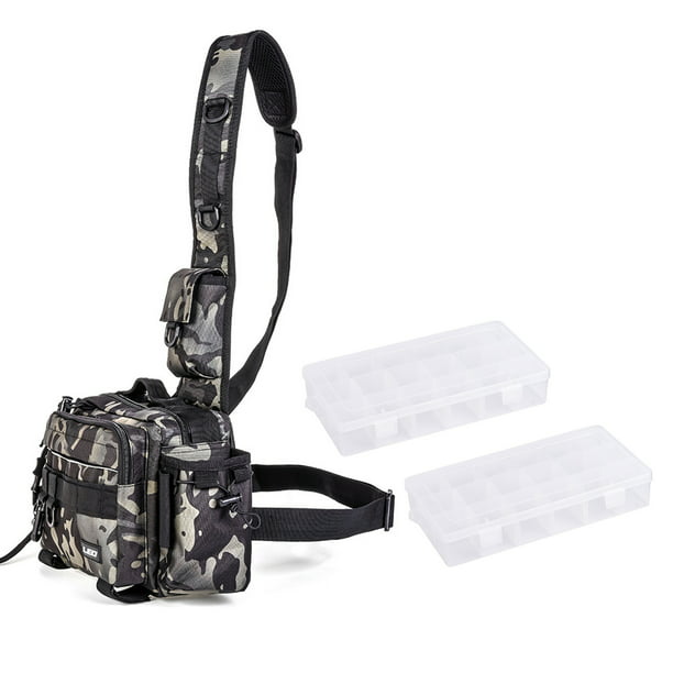 Fishing Tackle Sling Bag with 2 Tackle Boxes Water-Resistant