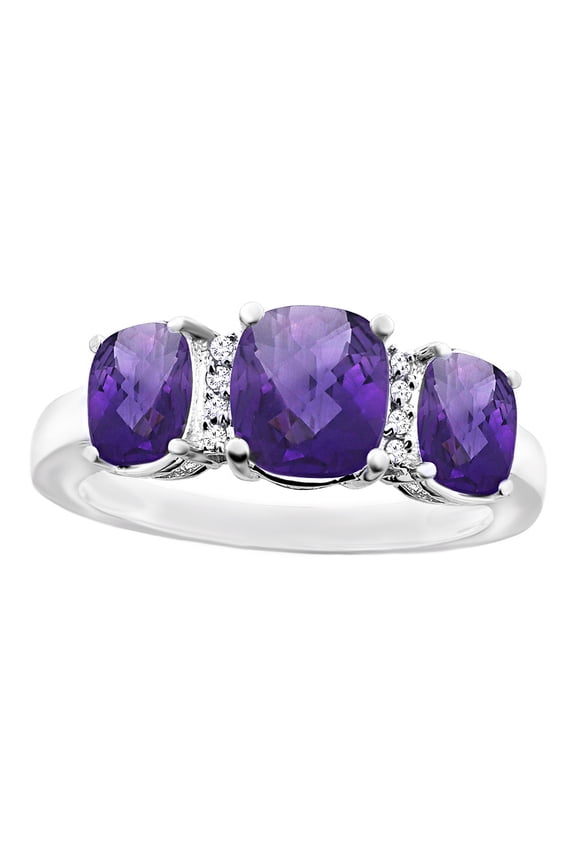 Cushion Cut Amethyst & White Natural Diamond Accent Tree Stone Ring in 14k White Gold