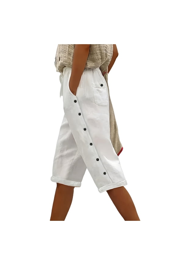 Women's Elastic Waist Drawstring Capri Pants Side Button Detail Patch Pockets Rolled Cuff Trousers for Summer Office Wear