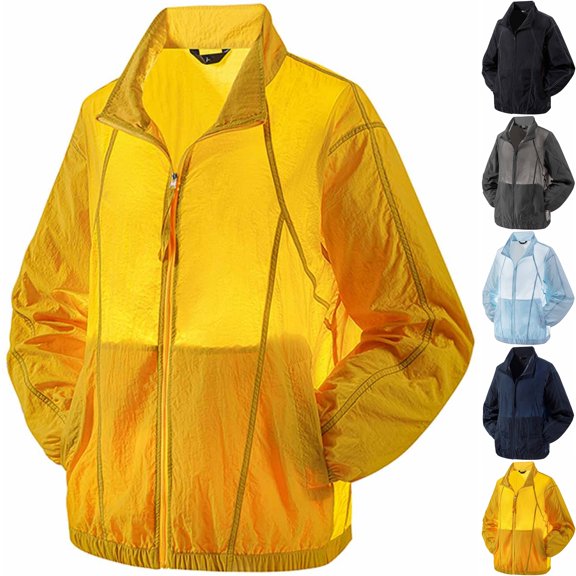 Men's UPF50 Sun Protection Windbreaker Athletic Shell Jacket Stand Collar Lightweight Color Block Coat for Hiking Running Travel Fall, Yellow, XL