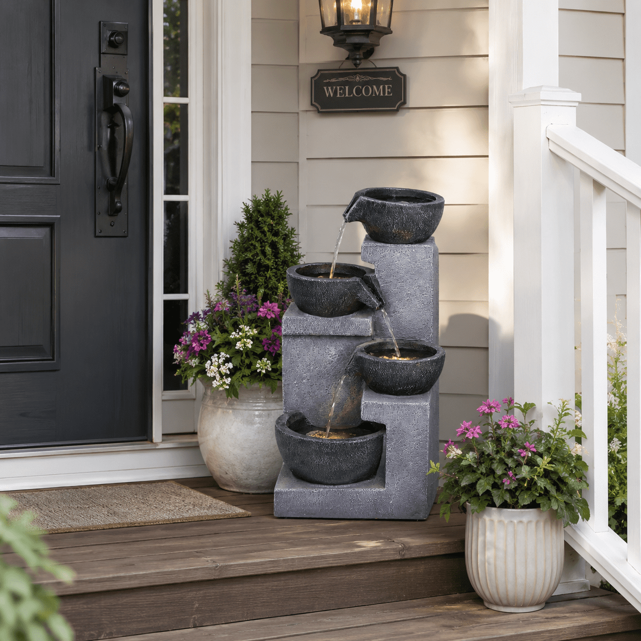 Mintazer 20.8" Modern 4-Tier Geometric Bowl Cascading Polyresin Water Fountain with Warm LED Lights, Silent Recirculating Pump Freestanding Waterfall Feature for Indoor Patio Garden Porch Balcony