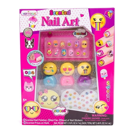 - Scented Nail Art Kit- Emoji Girls Nail Kit Includes 12 Press on Nails, 3 Nail Polishes, 31 Nail Stickers and a Nail File – Non-Toxic Water Based Peel Off Nail.., By Hot Focus