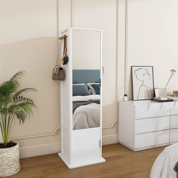 CQSXDA 360° Rotating Jewelry Cabinet With Full-Length Mirror, Multi-Shelf Stand For Makeup And Organization Needs