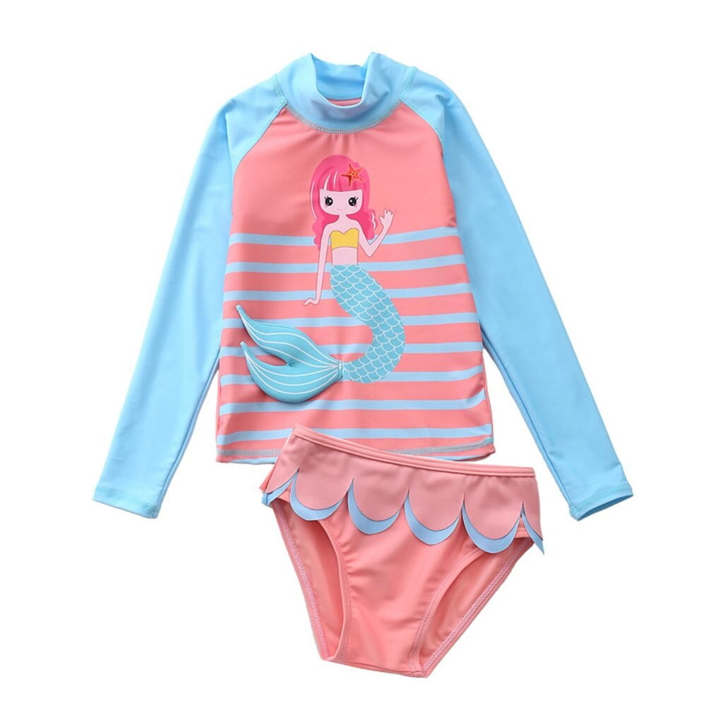 Baby Toddler Girls Rashguard Two Pieces Swimsuit Set Long Sleeve Mermaid Bathing Suits Bikini