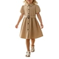 thumbnail image 4 of Girls School Uniform Shirt Dress, Puff Short Sleeve Lapel Collar A-Line Midi Dress with Matching Belt, Solid Color Preppy Outfit for Back to School Daily Outdoor Wear(Khaki,6-7 Years), 4 of 4