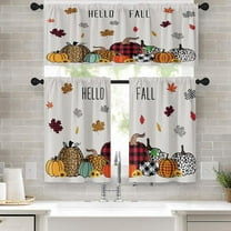 Fall Pimpkin Kitchen Window Curtains Valance and Tier Set 36 Inch, Autumn Leaves Leopard Plaid 3 Piece Window Treatment Tiers for Living Room Bedroom Kitchen Decor Drapes