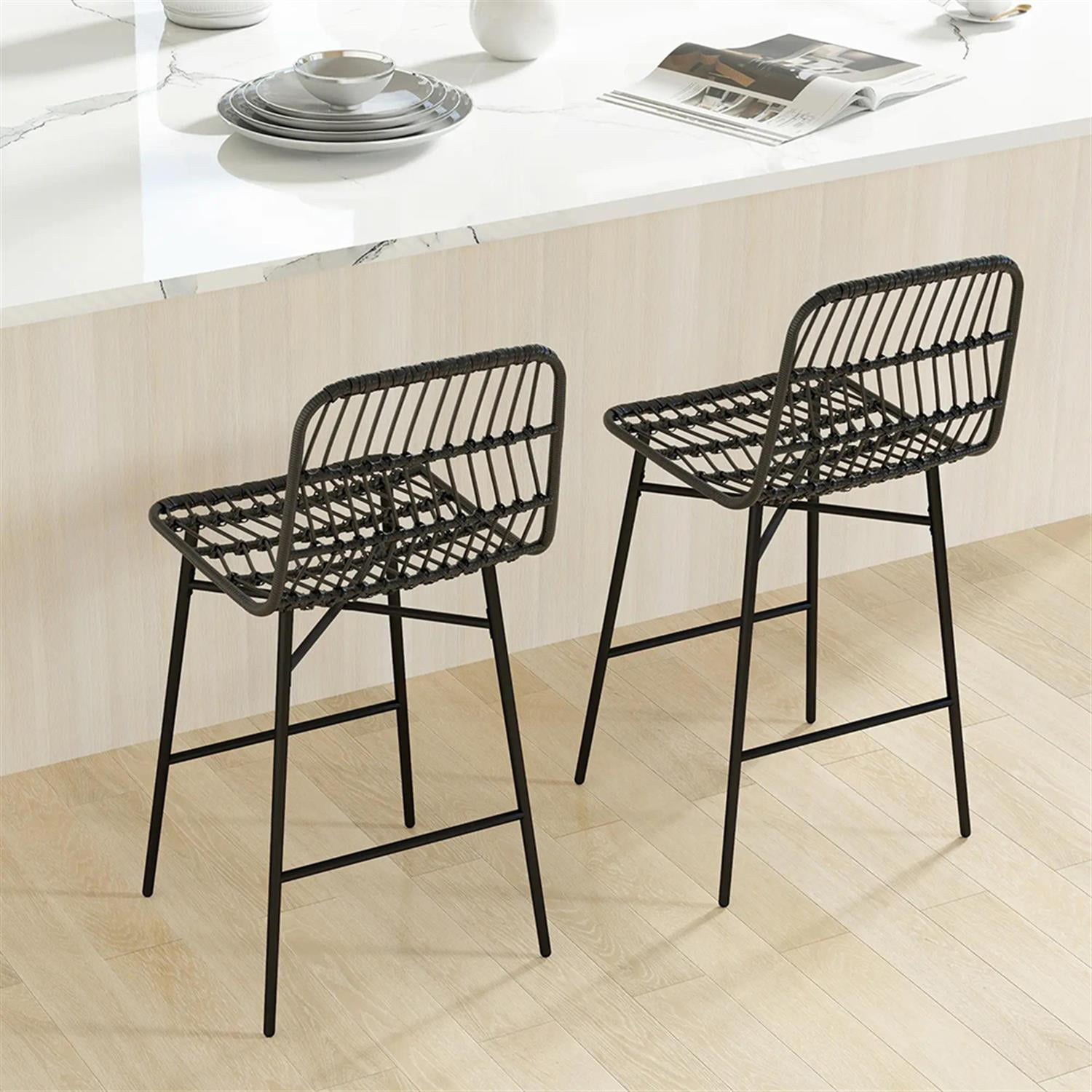 Demi Bonn Modern Rattan Counter Bar Stool Set of 2, 26" Counter Height Bar Stool with Back and Steel Legs for Kitchen, Dinning Room, Black