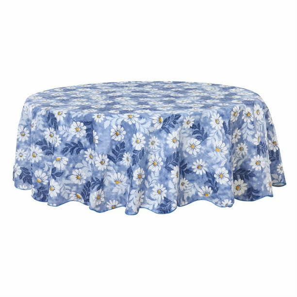 Nappe en Vinyle Tables Rondes 60" Dia Bleu Fleur Résistant à l'Eau