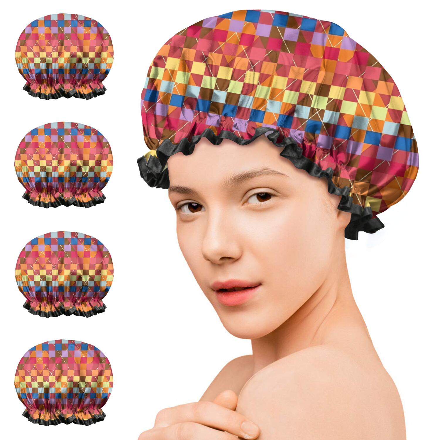 Shower Caps,Colorful Geometric Pattern Waterproof Shower Cap for Women 4 Pieces,Double Reusable Hair Cover for Shower PEVA Elastic Stretch Hem