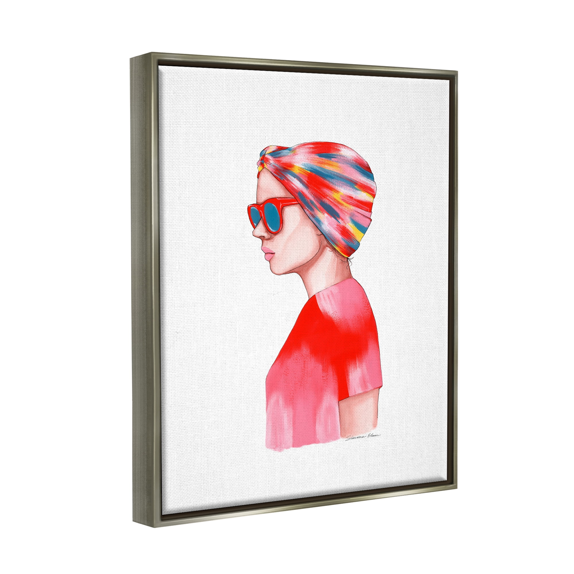 Stupell Woman in Red Headwrap Beauty & Fashion Painting Gray Floater Framed Art Print Wall Art, 25 x 31