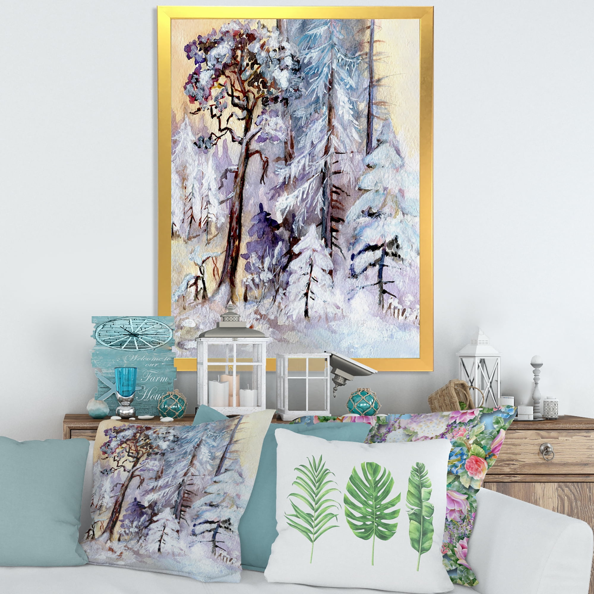 Designart 'The Lake With Winter Snowy Forest' Lake House Framed Art Print