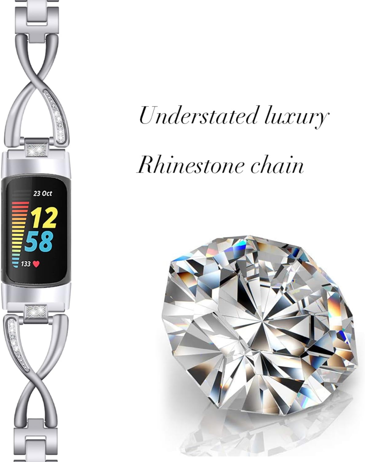 REQO Bling Bands Compatible with Fitbit Charge 6/Charge 5, Shinny Metal Bracelet Straps Luxurious Rhinestone Replacement Wristband for Women
