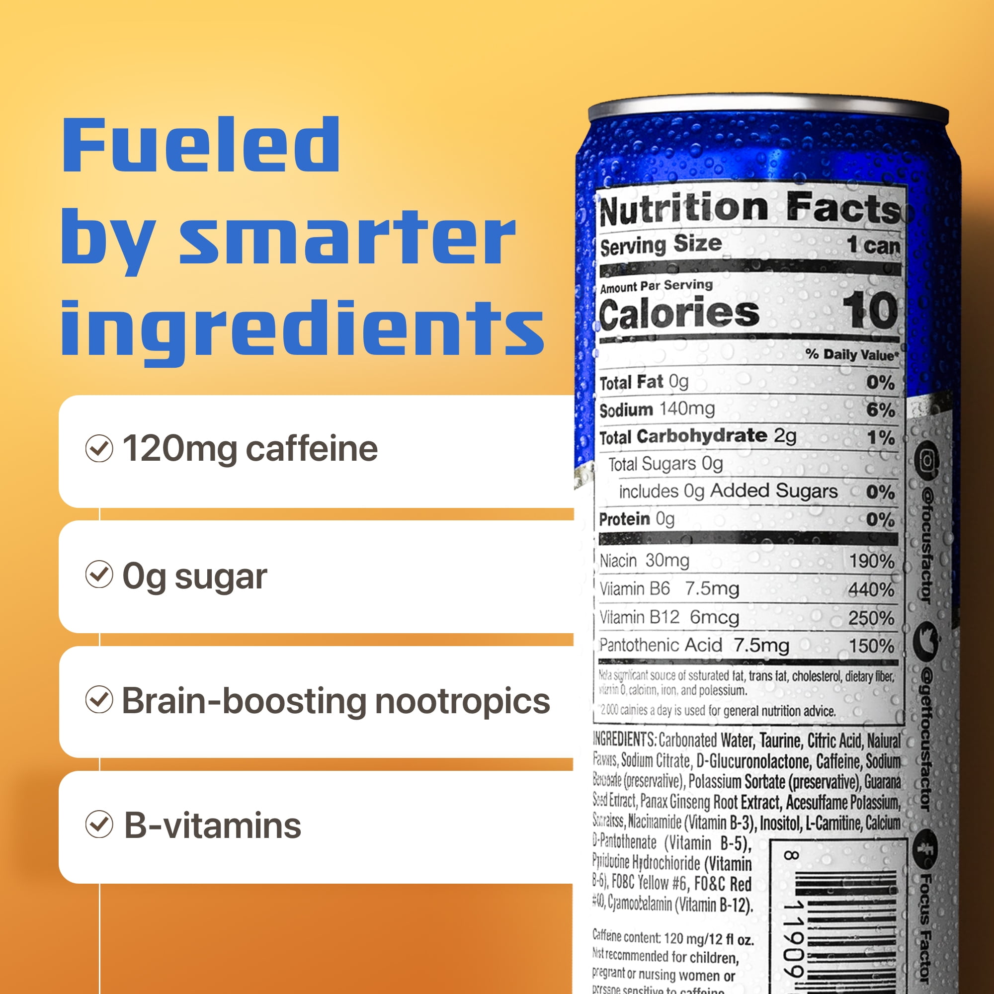 Focus Factor Energy Drink - 12 x 355ml Cans (Orange Flavor) - with Focus + Energy - Sugar Free, Low Calorie with Vitamin B6 & Vitamin B12