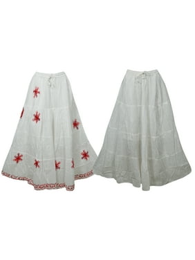 Mogul 2pc Women's White Maxi Skirt Embroidered Elastic Waist Hippie Gypse Skirts