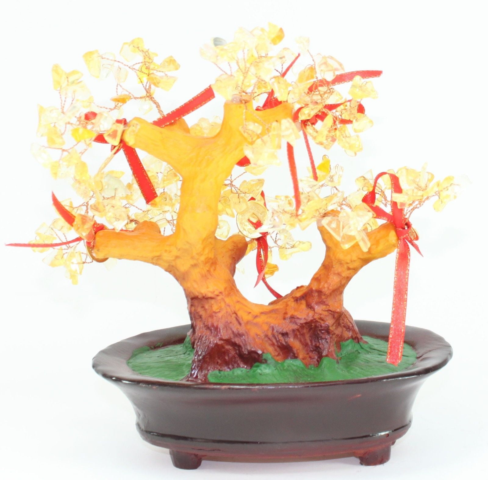 Feng Shui Yellow Crystal Gem Stones Money Fortune Tree Bonsai Home Decor Wealth Blessing Gift US Seller