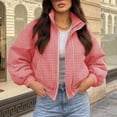 thumbnail image 5 of Aswuknt Womens Gingham Bomber Jacket Plaid Oversized Zip Up Stand Collar Casual Coat Spring Fall Cropped Jackets With Pockets, 5 of 6