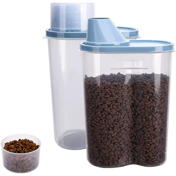 2 Pack 2lb/2.5L Pet Food Storage Container with Measuring Cup, Can Covers and Bowl for Small Dog, Cat, Waterproof-BPA Free